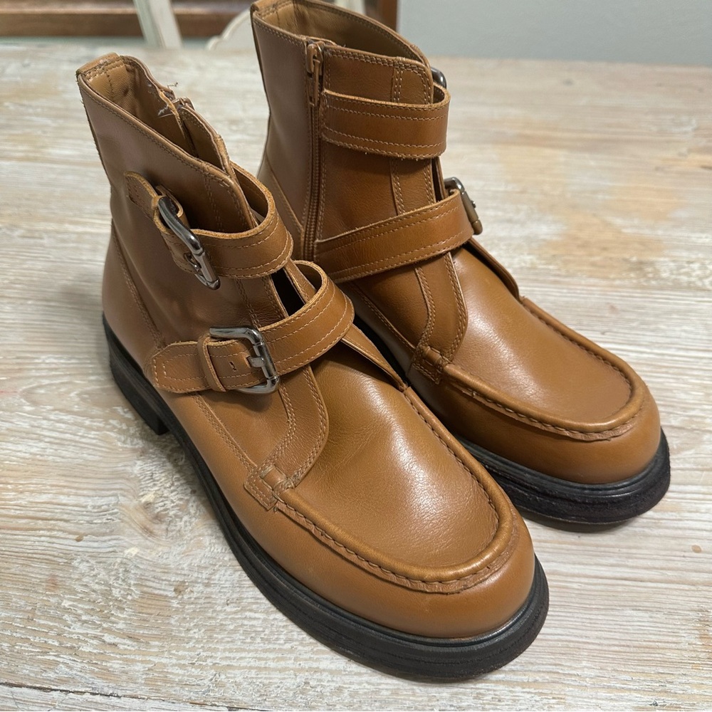 Free People Brown Double-Buckle Isla Moto Ankle Boots Leather Sz 10 - Picture 3 of 13